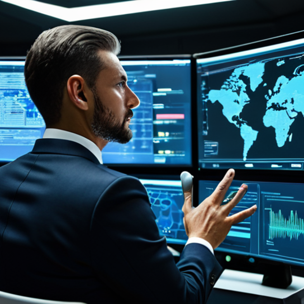 A focused male cybersecurity professional in a modest business suit, fully clothed, working efficiently in a modern, sleek Security Operations Center (SOC). Digital dashboards display automated security alerts and intricate data flows, with a glowing holographic interface indicating advanced SOAR capabilities. The professional is interacting with the interface, demonstrating efficient workflow and control. High-resolution, professional photography, perfect anatomy, correct proportions, natural pose, well-formed hands, proper finger count, natural body proportions, safe for work, appropriate content, professional dress.