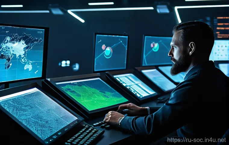 보안관제센터 위협 인텔리전스 활용 - **Prompt: "SOC Radar: Navigating Cybersecurity in the Digital Fog"**
    A modern, high-tech Securit...