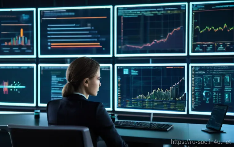 보안관제센터 직무와 법률적 이해 - **Prompt:** A focused SOC analyst, a woman in her late 20s to early 30s, wearing smart casual busine...