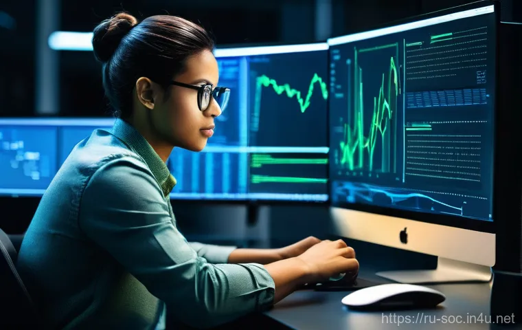 보안관제 전문가를 위한 기술 블로그 시작하기 - **Prompt:** A young, diverse cybersecurity professional, male or female, sitting at a modern, well-l...