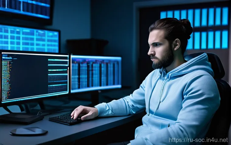 보안관제 센터에서 흔한 실수와 교훈 - Image Prompt 1: The Burned-Out Analyst**