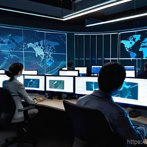 Home 26 보안관제센터와 AI 기반 보안의 관계 - **Prompt:** A high-tech cybersecurity operations center (SOC) at night, with a team of diverse, prof...