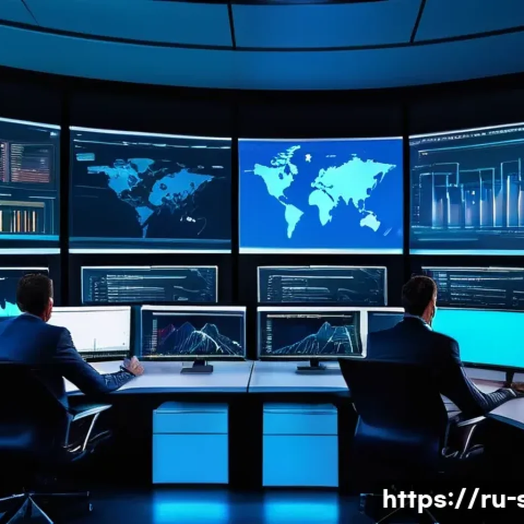 보안관제센터 자동화 툴 활용법 - A modern cybersecurity operations center with diverse specialists working at multiple computer scree...