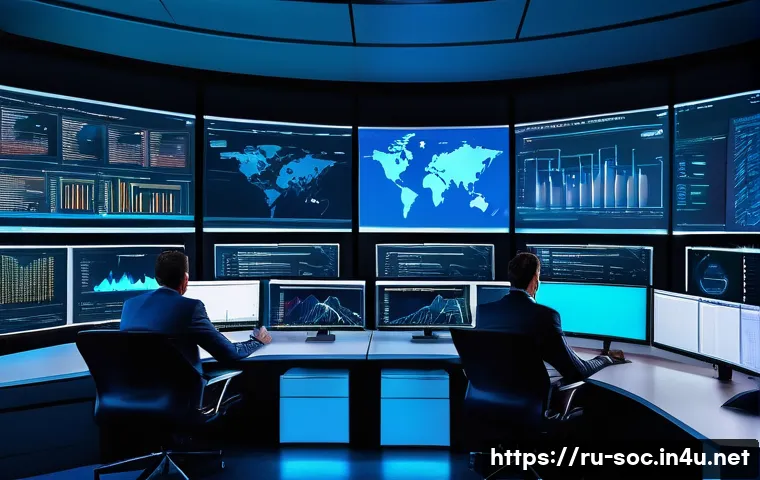 보안관제센터 자동화 툴 활용법 - A modern cybersecurity operations center with diverse specialists working at multiple computer scree...