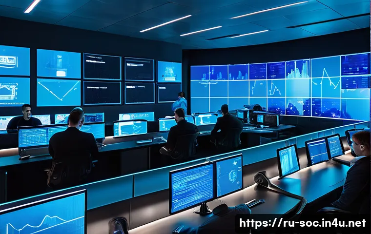 보안관제센터 내부자 위협 탐지 사례 - A modern cybersecurity operations center with a diverse team of Russian IT professionals monitoring ...