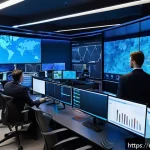 Home 19 보안관제와 침투 테스트의 관계 - A modern corporate cybersecurity operations center filled with diverse IT professionals actively mon...