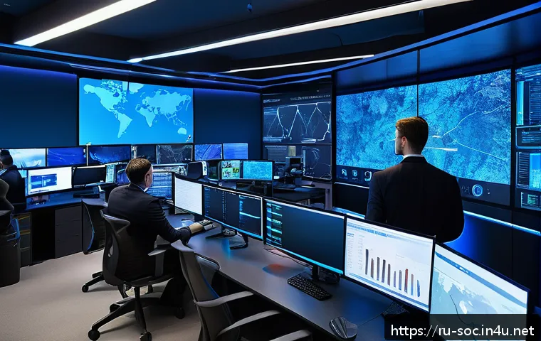 보안관제와 침투 테스트의 관계 - A modern corporate cybersecurity operations center filled with diverse IT professionals actively mon...