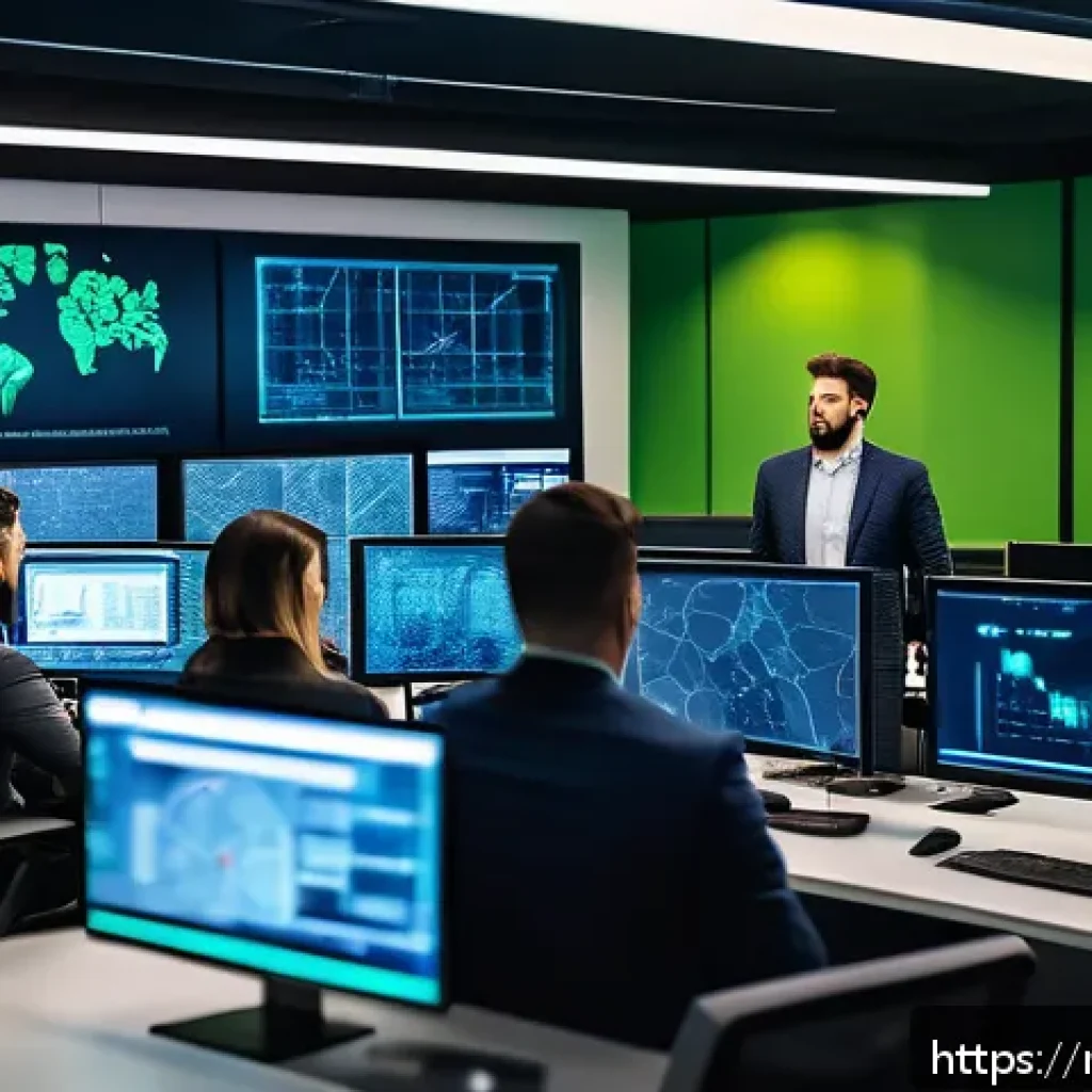 보안관제센터와 위협 사냥 Threat Hunting - A high-tech cybersecurity operations center with a diverse team of professionals analyzing multiple ...