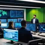 Home 18 보안관제센터와 위협 사냥 Threat Hunting - A high-tech cybersecurity operations center with a diverse team of professionals analyzing multiple ...