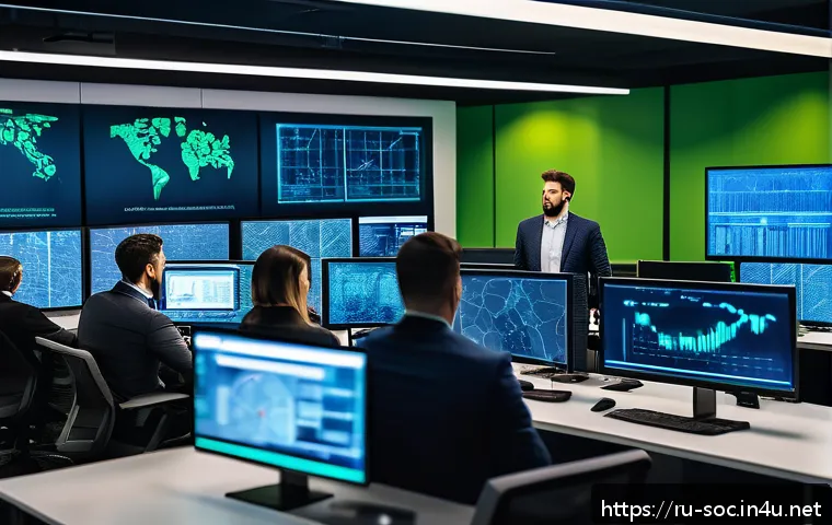 보안관제센터와 위협 사냥 Threat Hunting - A high-tech cybersecurity operations center with a diverse team of professionals analyzing multiple ...