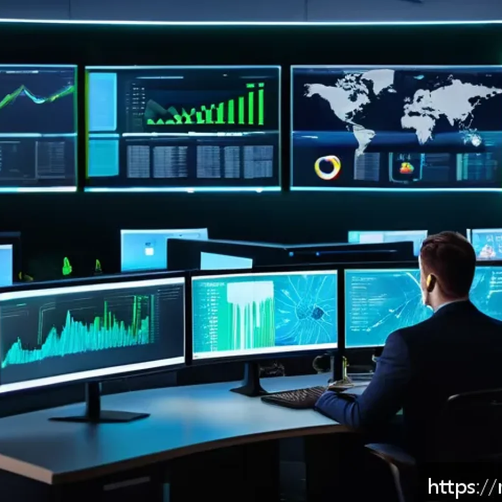 보안관제센터 인턴십 경험 후기 - A modern cybersecurity operations center with a diverse team of professionals monitoring multiple la...