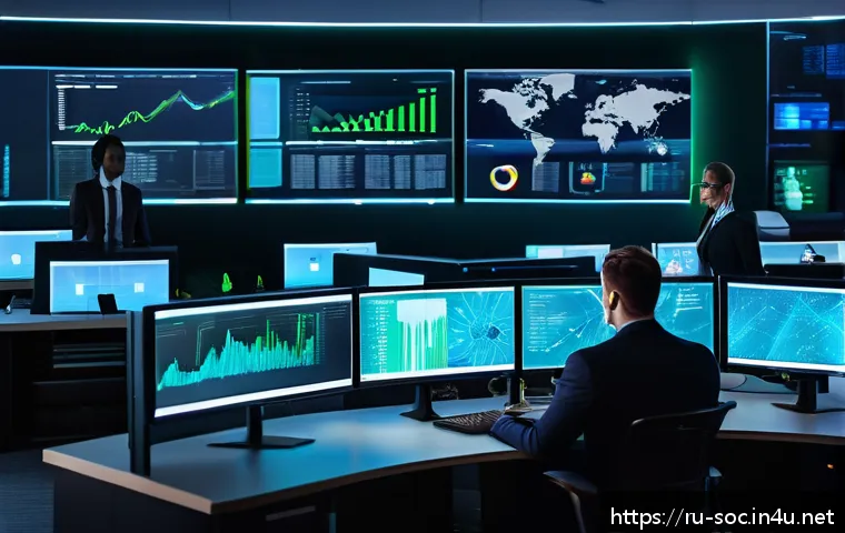 보안관제센터 인턴십 경험 후기 - A modern cybersecurity operations center with a diverse team of professionals monitoring multiple la...