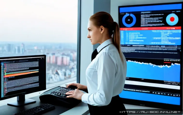 보안관제센터 일상업무 사례 - Photorealistic cybersecurity operations center in Moscow, Russia, a focused female security analyst ...