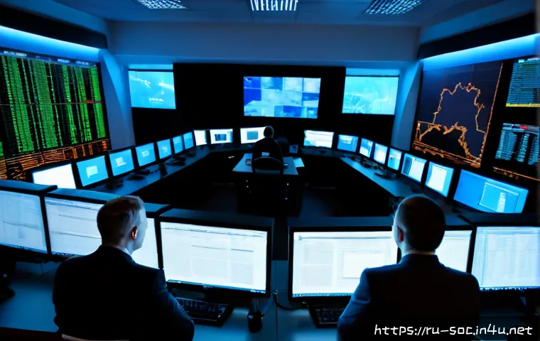 보안관제센터와 SIEM 시스템 이해 - Photorealistic cybersecurity operations center in a modern Moscow office at night, Russian IT securi...
