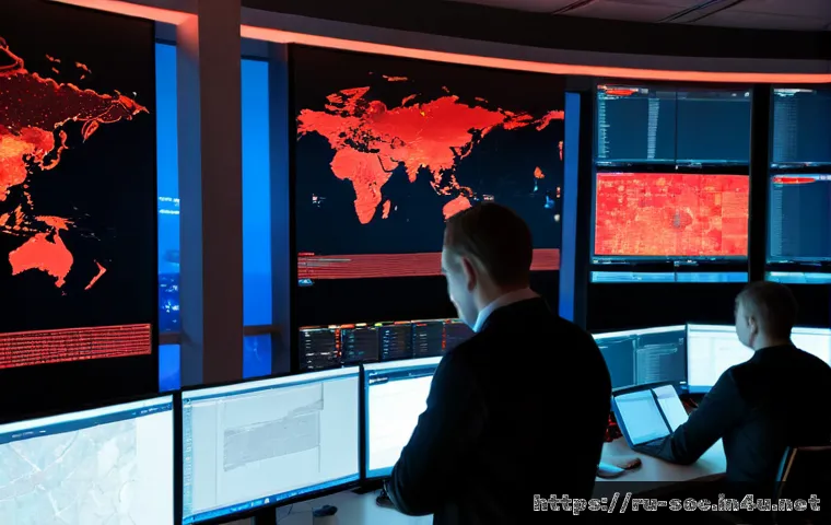 보안관제센터의 최신 위협 트렌드 - Photorealistic cybersecurity operations center in Moscow at night, Russian security analysts monitor...