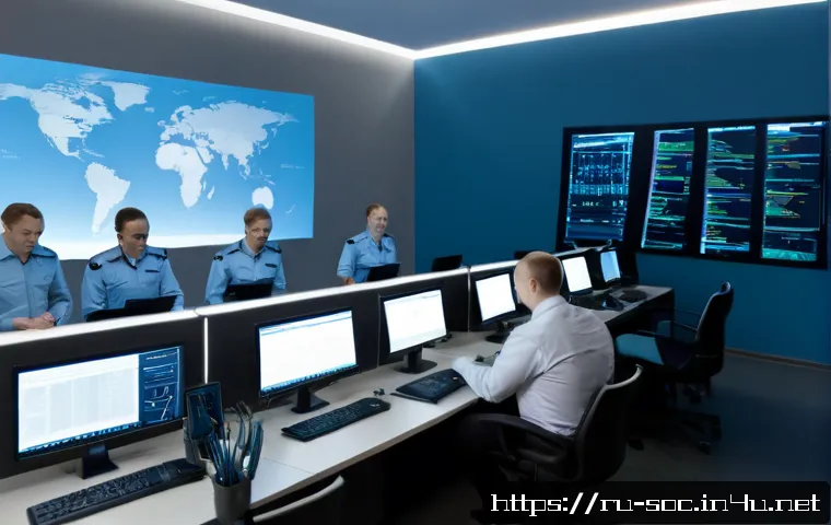 보안관제센터 운영 절차 - Photorealistic modern security operations center in Moscow, wide-angle view of a calm Russian cybers...